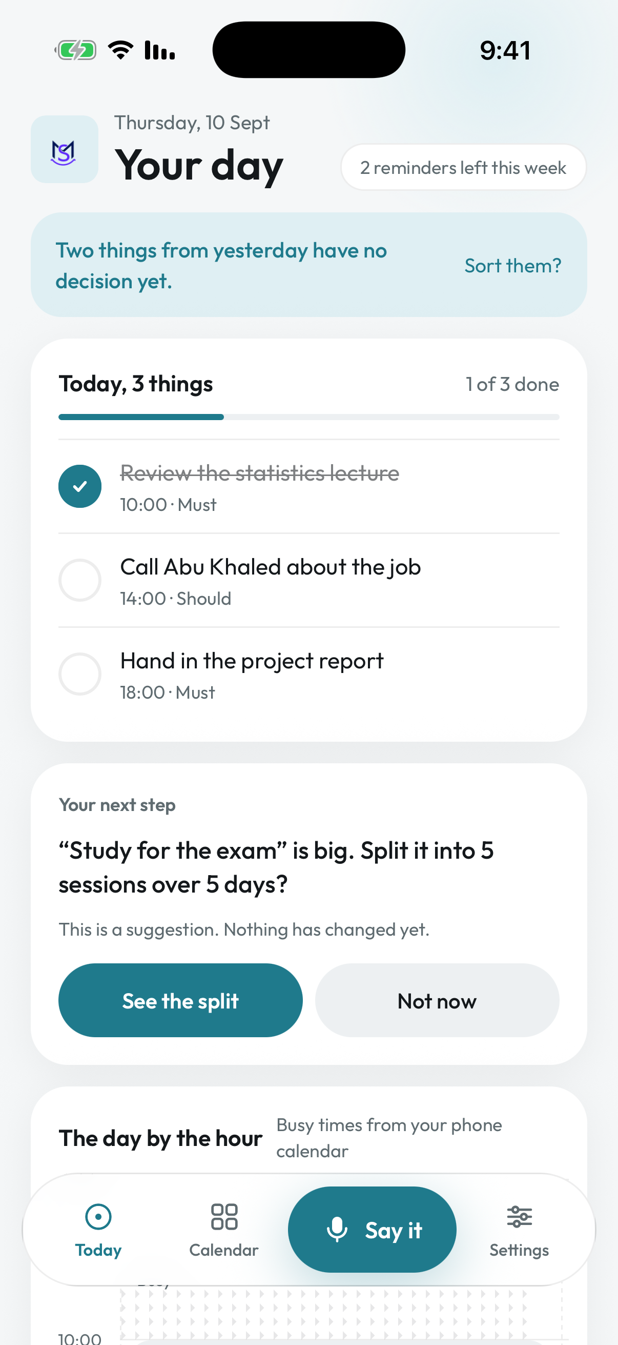 The real MaybeSitter app showing today’s commitments and a calm next-step suggestion in English
